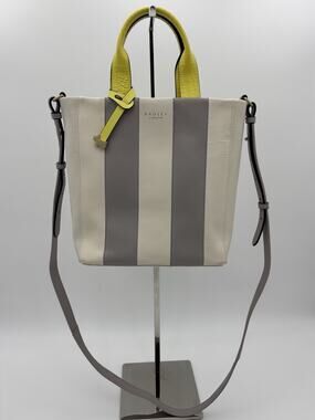 Radley Tote Bag Cream Grey Stripe Yellow Leather Shoudler Strap Top Handles
